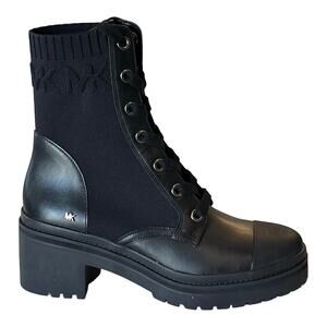NEW Michael Kors Brea COMBAT BOOTS Womens 9.5 Black Stretch Knit Leather Lace Up